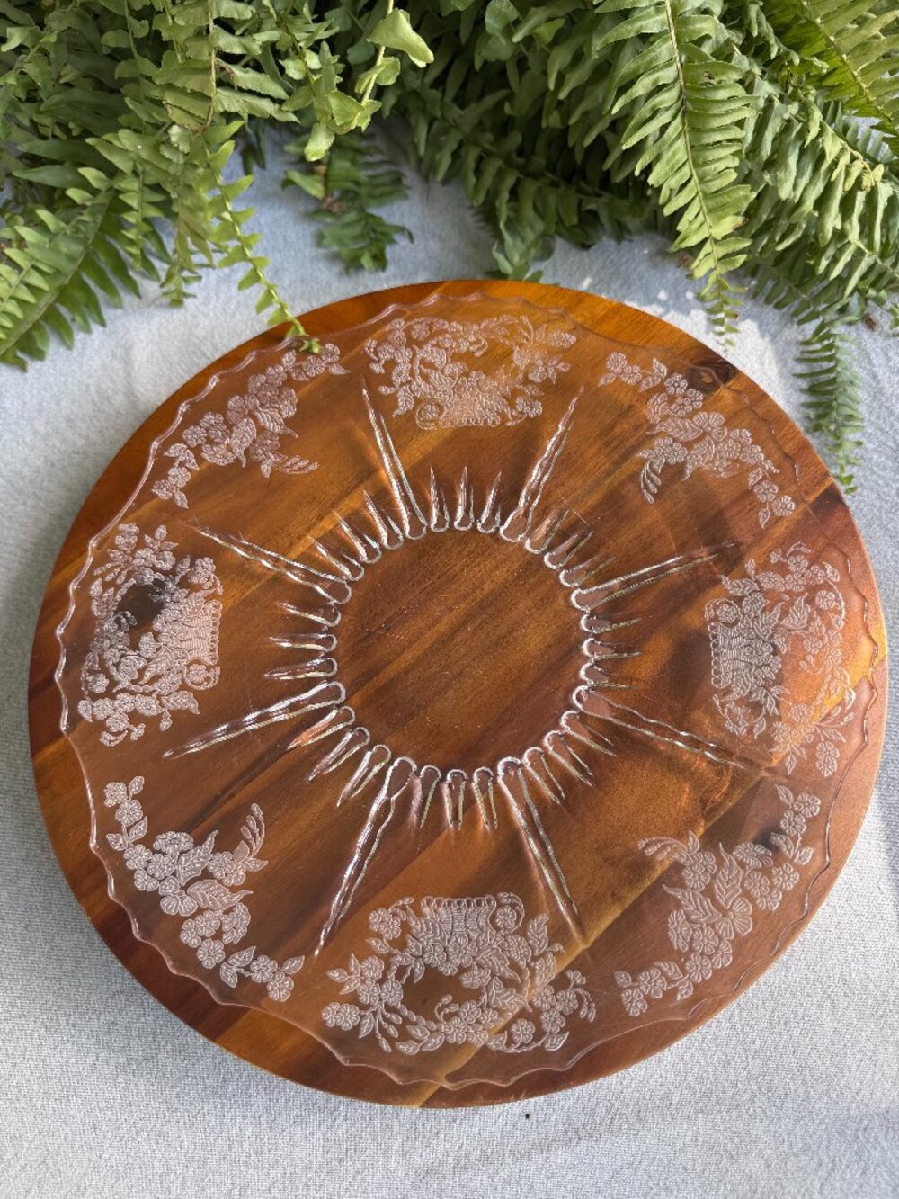 Vintage New Martinsville Flower Basket Etched Glass Platter, Depression Dish